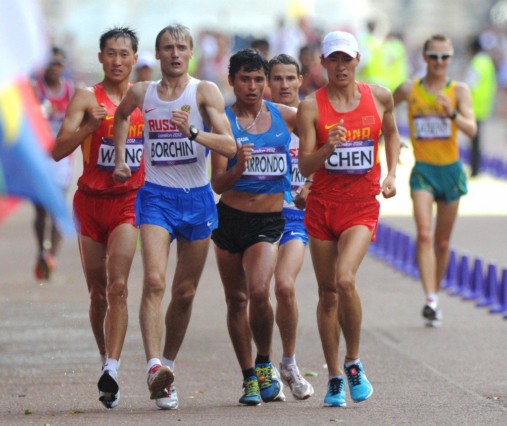 LONDON, GREAT BRITAIN. AUGUST 4, 2012. Chinas Wang Zhen, Russias Valeriy Borchin, Guatemala's Erick Barrondo and China's Chen Ding (from L) compete in the men's 20km race walk at the London Olympic Games. (Photo ITAR-TASS / Stanislav Krasilnikov) Âåëèêîáðèòàíèÿ. Ëîíäîí. 4 àâãóñòà. Ðîññèéñêèé ñïîðòñìåí Âàëåðèé Áîð÷èí (âòîðîé ñëåâà) âî âðåìÿ ñîðåâíîâàíèé ïî ñïîðòèâíîé õîäüáå 20 êì. íà Îëèìïèàäå-2012. Ôîòî ÈÒÀÐ-ÒÀÑÑ/ Ñòàíèñëàâ Êðàñèëüíèêîâ