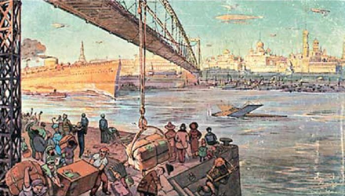 Москва-река в XXIII веке. Открытка-фантазия 1914 года из цикла «Москва в XXIII веке». Фотоархив Wikipedia