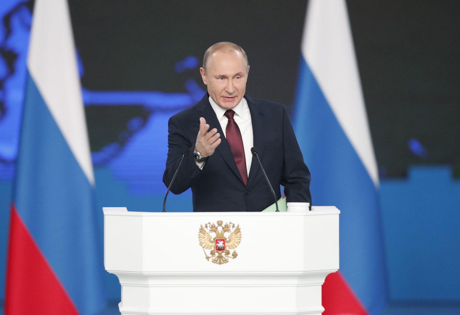 20 февраля 2019 года. Москва. Президент России Владимир Путин во время обращения к Федеральному собранию. Фото: EPA