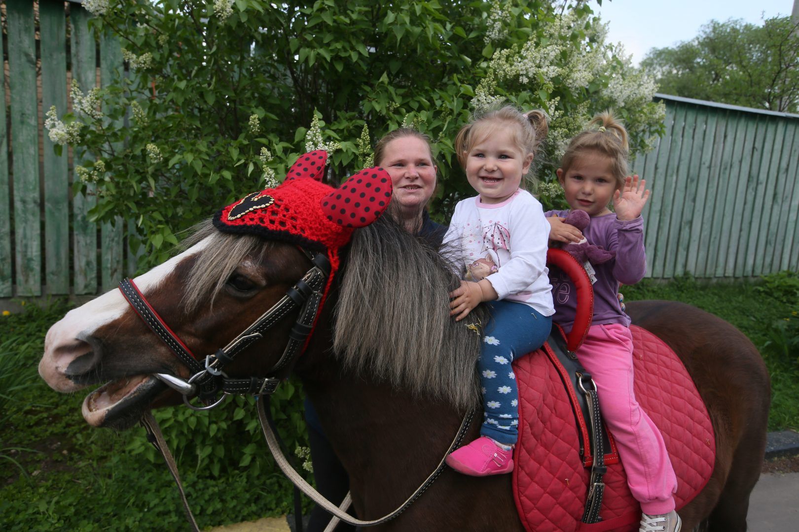 13 мая 2019 года. Щербинка. Пони по кличке Дыня — любимица маленьких (слева направо) Пелагеи и Ани Малышкиных и их мамы Евгении