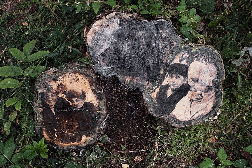 Рисунок на одном из деревьев переделкинского парка, созданный в рамках проекта «Деревья помнят все...». Использован фрагмент фото Окуджавы и Евтушенко, сделанного в Переделкине в 1987 году. 