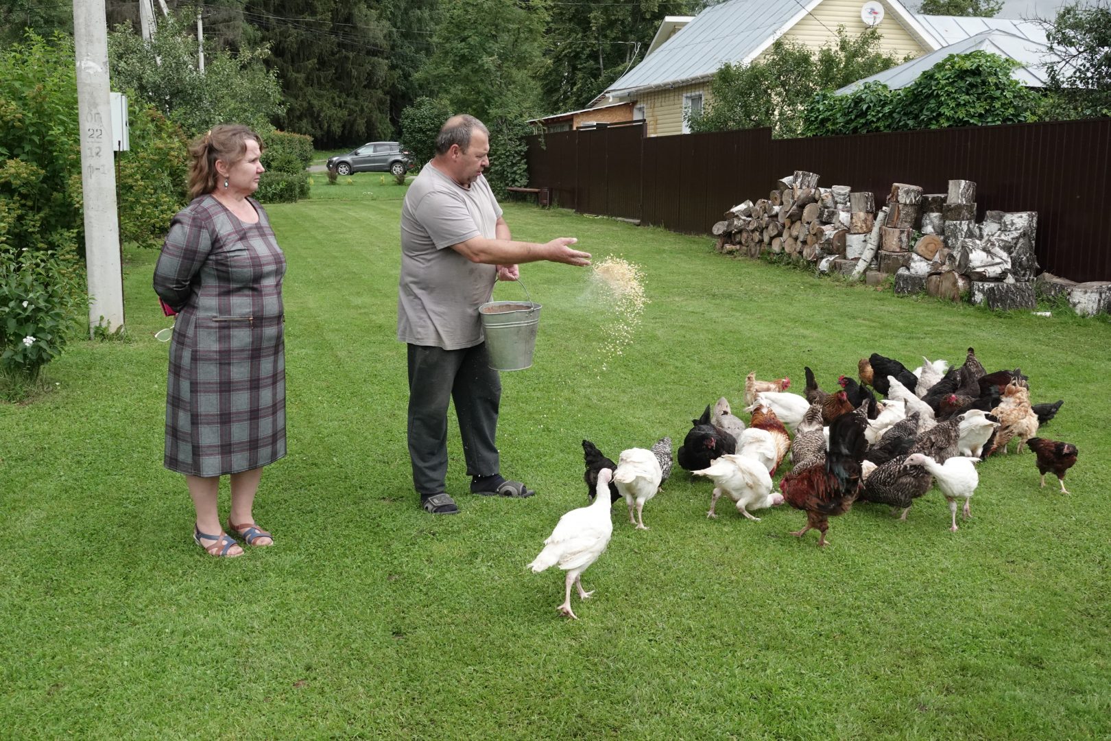 Евгений Граневич кормит кур, которые, по его заверению, несут голубые яйца. Фото: Виктор Хабаров